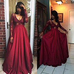 Burgundy Prom Dresses Long Sleeve Applique Floor Length Prom Gowns Formal Gowns: Red Gown  