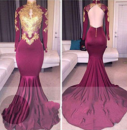 Gold Lace Appliques High Neck Long Sleeves Open Back Maroon Mermaid Prom Dress: Maroon Outfit  
