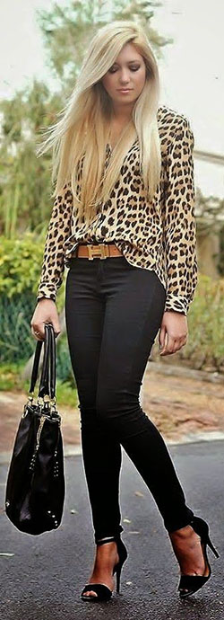 Leopard print blouse outfits: Skinny Jeans,  Animal print  