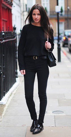 Black sweater and jeans outfit: Skinny Jeans,  Slim-Fit Pants,  Polo neck,  Brogue shoe  
