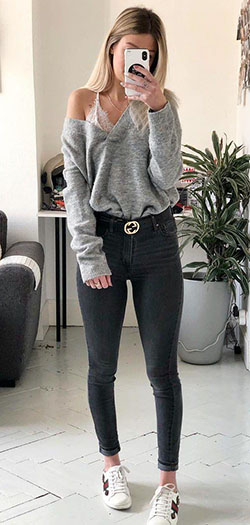 gray sweater and black skinny jeans #summer #outfits style: summer outfits,  Slim-Fit Pants,  shirts  