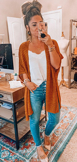 orange cardigan #summer #outfits style: summer outfits,  Romper suit,  Cardigan  