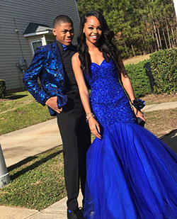 Step into the blue, her dress the color of dreams, his blazer with patterns of the sea!: Spaghetti strap,  Black Couple Homecoming Dresses,  Prom Suit  