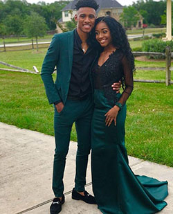 Black couple matching homecoming outfit ideas: Prom Suit,  Black Couple Homecoming Dresses,  Green Suits  
