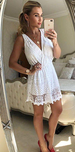 #summer #outfits white lace surplice-neck sleeveless mini dress. style: summer outfits,  Cocktail Dresses,  Sleeveless shirt,  mini dress  