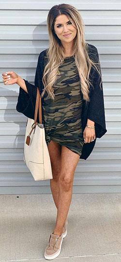 woodland camouflage dress and black cardigans #summer #outfits style: summer outfits,  mini dress  