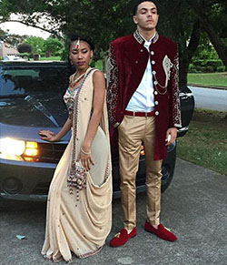 Homecoming Outfits With Saree For Black Couple: Bow tie,  Prom couples,  winter outfits,  Black Couple Homecoming Dresses  