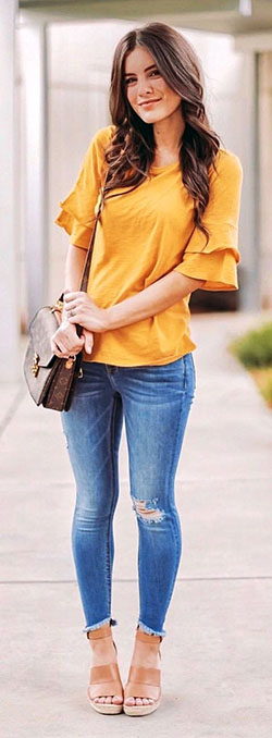 Yellow Top And Jeans Outfit Ideas Women: Crew neck,  Yellow Outfits Girls,  yellow top  