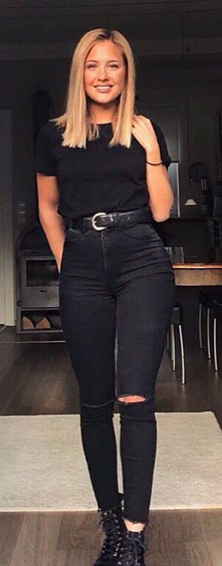 Black Jeans Outfit Tumblr For Summer: Black Jeans Outfit,  Crew neck,  Slim-Fit Pants  