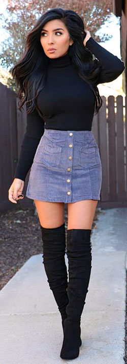 Cute Denim Skirt Outfits: Denim skirt,  Boot Outfits,  Skirt Outfits  