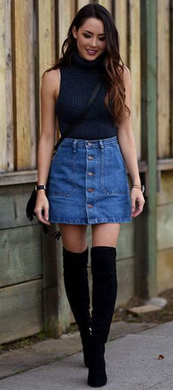 Cute Denim Skirt Outfit Ideas: Denim skirt,  Polo neck,  Over-The-Knee Boot,  Boot Outfits,  Skirt Outfits,  Knee highs  