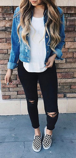 Cute outfits with jean jacket: Ripped Jeans,  Black Jeans Outfit,  winter outfits,  Jean jacket  
