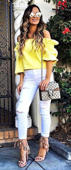 Mine yellow off shoulder top: High-Heeled Shoe,  Yellow Outfits Girls  