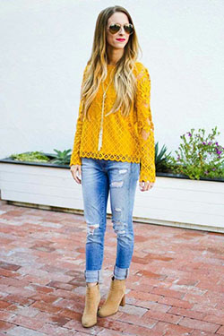 Yellow lace top outfit: Yellow Outfits Girls,  yellow top  
