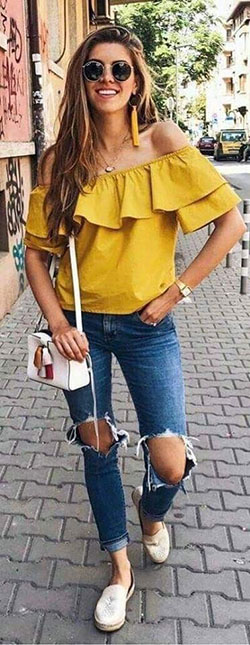 Off The Shoulder Top, Yellow Outfit: Fashion photography,  Yellow Outfits Girls,  yellow top  
