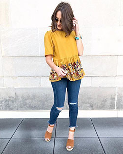 Yellow Top Outfits With Ripped Blue Jeans For Women: Business casual,  Yellow Outfits Girls,  yellow top  