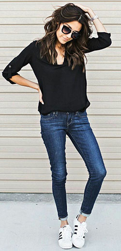 Skinny jeans with sneakers outfit: Slim-Fit Pants,  shirts,  Sports shoes  
