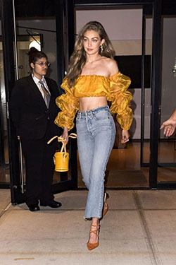Ruffle crop top and jeans: Gigi Hadid  