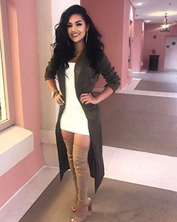 High boots with dress: Bodycon dress,  Over-The-Knee Boot,  Boot Outfits,  Trench coat,  Knee highs,  Chap boot,  High Boots  