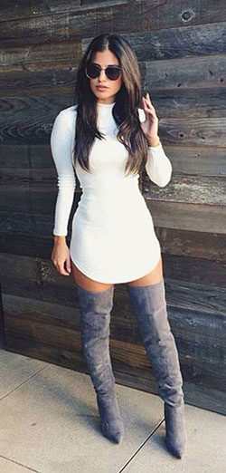 White dress with knee high boots: Bodycon dress,  Over-The-Knee Boot,  Boot Outfits,  Knee highs,  Chap boot,  High Boots,  White Dress  