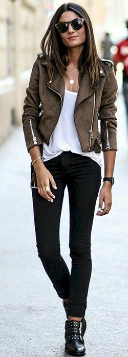 Leather jacket women outfit ideas: Black Jeans Outfit,  Slim-Fit Pants  
