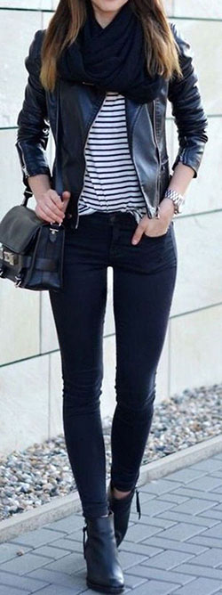 Black skinny jeans winter outfit: Black Jeans Outfit,  winter outfits,  Leather jacket,  Slim-Fit Pants  