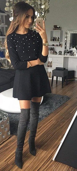 Outfits to wear for a party: party outfits,  Over-The-Knee Boot,  Boot Outfits,  Skirt Outfits  