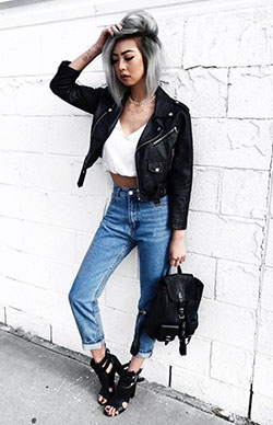Leather jacket,  Mom jeans: Leather jacket,  Mom jeans,  Street Outfit Ideas  