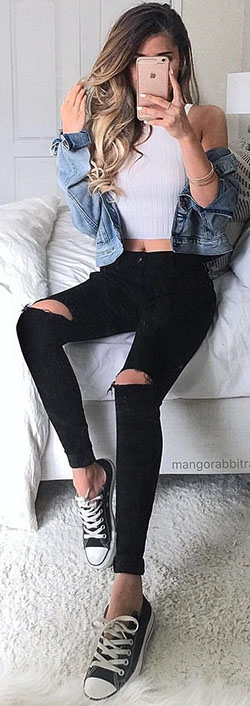 Crop top and denim jacket outfit: Black Jeans Outfit,  Jean jacket,  Slim-Fit Pants  