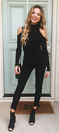 Black open toe boots with black skinny jeans: Black Jeans Outfit,  Slim-Fit Pants  