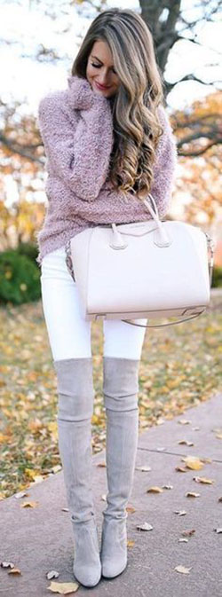 Gray thigh high boots outfit: Casual Winter Outfit,  winter outfits,  High-Heeled Shoe,  Over-The-Knee Boot,  Boot Outfits  