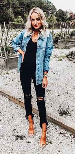 Denim jacket with black top: Ripped Jeans,  Black Jeans Outfit,  Jean jacket,  Blazer Outfit  