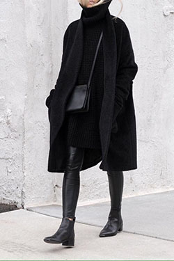 Black outfit winter: winter outfits,  Polo neck,  Knit cap,  Coat Long  