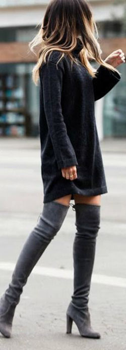 Cute sweater dress outfits: winter outfits,  Polo neck,  Over-The-Knee Boot,  Boot Outfits  
