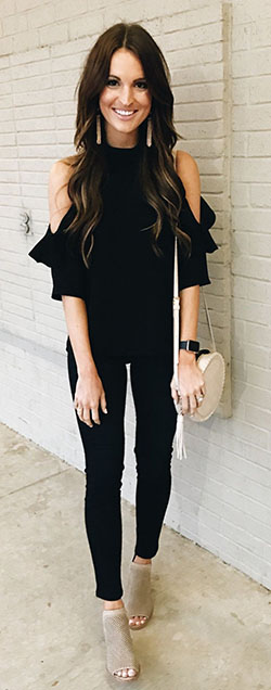 Black top and black jeans outfit: Black Jeans Outfit,  Backless dress,  Slim-Fit Pants  