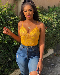 Black Girl Black hair,  Photo shoot: Jeans Outfit,  Brown hair  