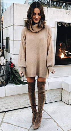 Winter dress with knee high boots: winter outfits,  Polo neck,  Over-The-Knee Boot,  Boot Outfits,  Knee highs,  Street Outfit Ideas,  Chap boot,  High Boots  