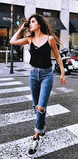 Black spaghetti strap top and jeans: Ripped Jeans,  Spaghetti strap,  Sleeveless shirt,  Slim-Fit Pants,  College Outfit Ideas  