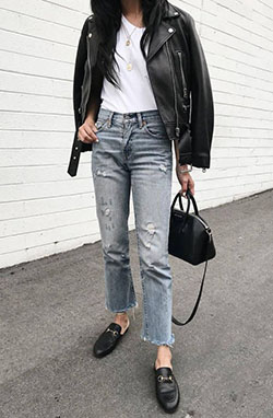 Leather jacket,  Mom jeans: Leather jacket,  Mom jeans,  Oxford shoe,  Street Outfit Ideas  