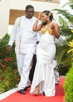 Traditional matching white african outfits for couples: Wedding dress,  Kente cloth,  White Wedding Dress,  Matching African Outfits  