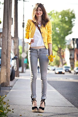 Grey jeans with yellow sweater: Slim-Fit Pants,  Yellow Outfits Girls  