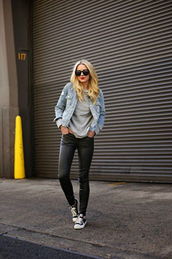 Casual leather leggings outfit: winter outfits,  Jean jacket,  Denim jacket,  Leather Leggings  
