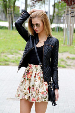 Floral skirt leather jacket outfit: Leather jacket,  Skater Skirt,  Skirt Outfits,  Flight jacket,  Boxy Jacket,  Black Leather Jacket  