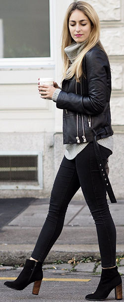 Grey and black outfit ideas: Casual Winter Outfit,  Leather jacket,  Polo neck,  fashion blogger  