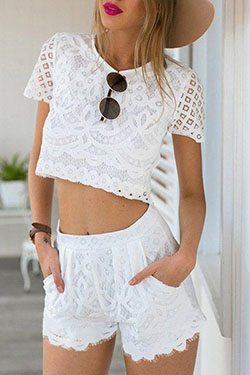 White crop top and white shorts: Casual Summer Outfit,  Romper suit,  Crop top,  Sleeveless shirt,  White Top  