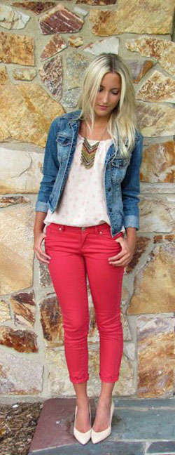 Red pants with denim jacket outfit: Jean jacket,  Slim-Fit Pants,  Denim jacket,  Boxy Jacket  