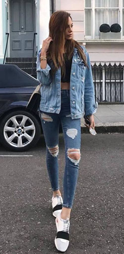 Jean jacket,  Street fashion: Ripped Jeans,  Jean jacket,  High Waisted Jeans  