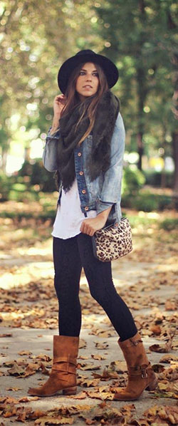 Brown mid calf boots outfits: winter outfits,  Jean jacket,  Denim jacket,  Short Boots  