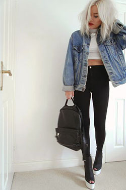 Oversized denim jacket outfit: Crop top,  Jean jacket,  Denim jacket,  Denim Jacket with Crop Top  