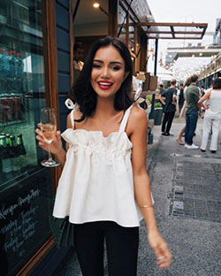 White ruffle top outfit: party outfits,  Casual Summer Outfit,  Sleeveless shirt  
